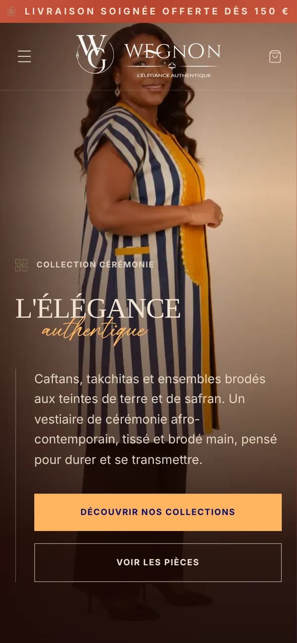 Page d'accueil : la collection Cérémonie en ouverture. Version mobile.
